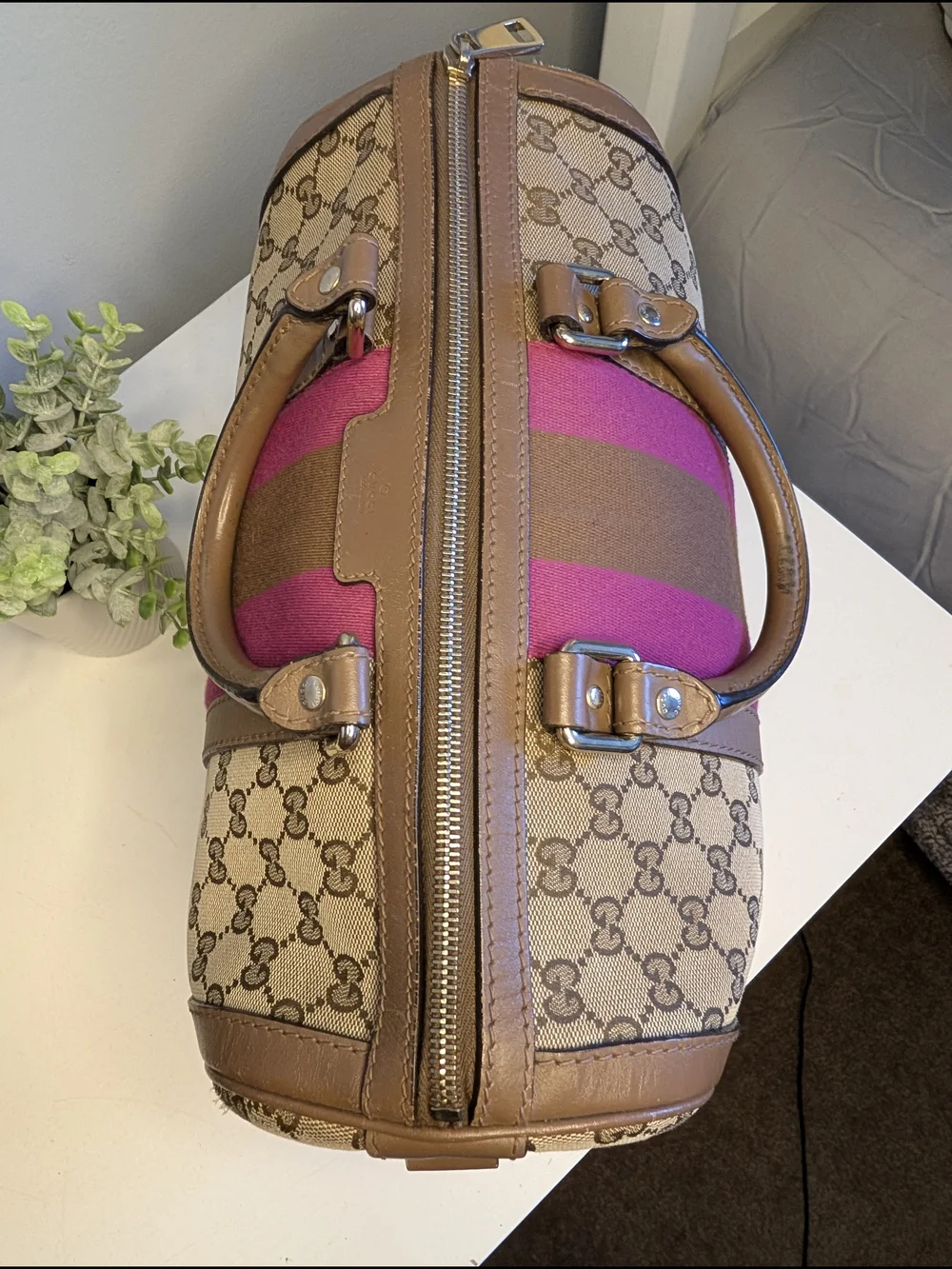 Gucci Vintage Pink & Brown Web Joy GG Monogram Canvas Boston Bag - VGUC!
